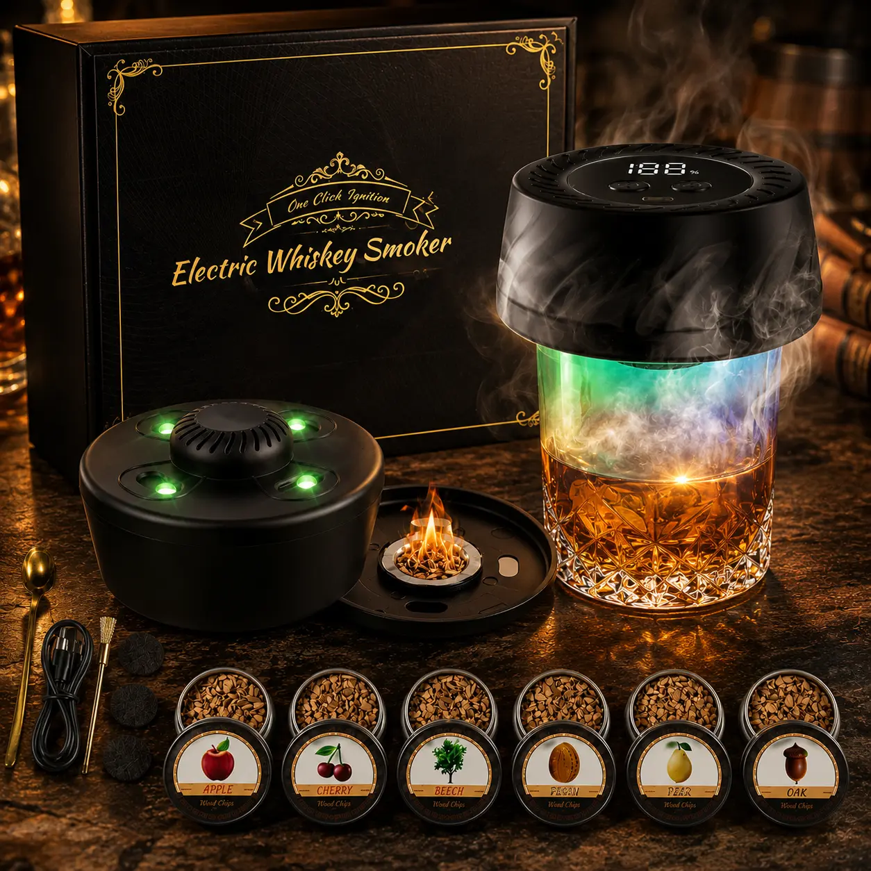 Electric Whiskey Smoker Kit, Cocktail Smoker with Heating System | No Butane Needed, 6 Wood Chips for Old Fashioned Drink Smoker Kit, Ideal Bourbon Whiskey Gift for Men, Dad and Husband