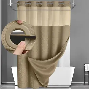 No Hook Shower Curtain with Snap in Liner Set Less Time Beige Waffle Shower Curtain for Bathroom 75" L x 72" W
