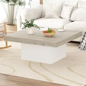 35.4 Inch Square Coffee Table with Led Lights, Mid-Century Modern Small Accent Center Table for Living Room, Home Office, Apartment, Reading Room
