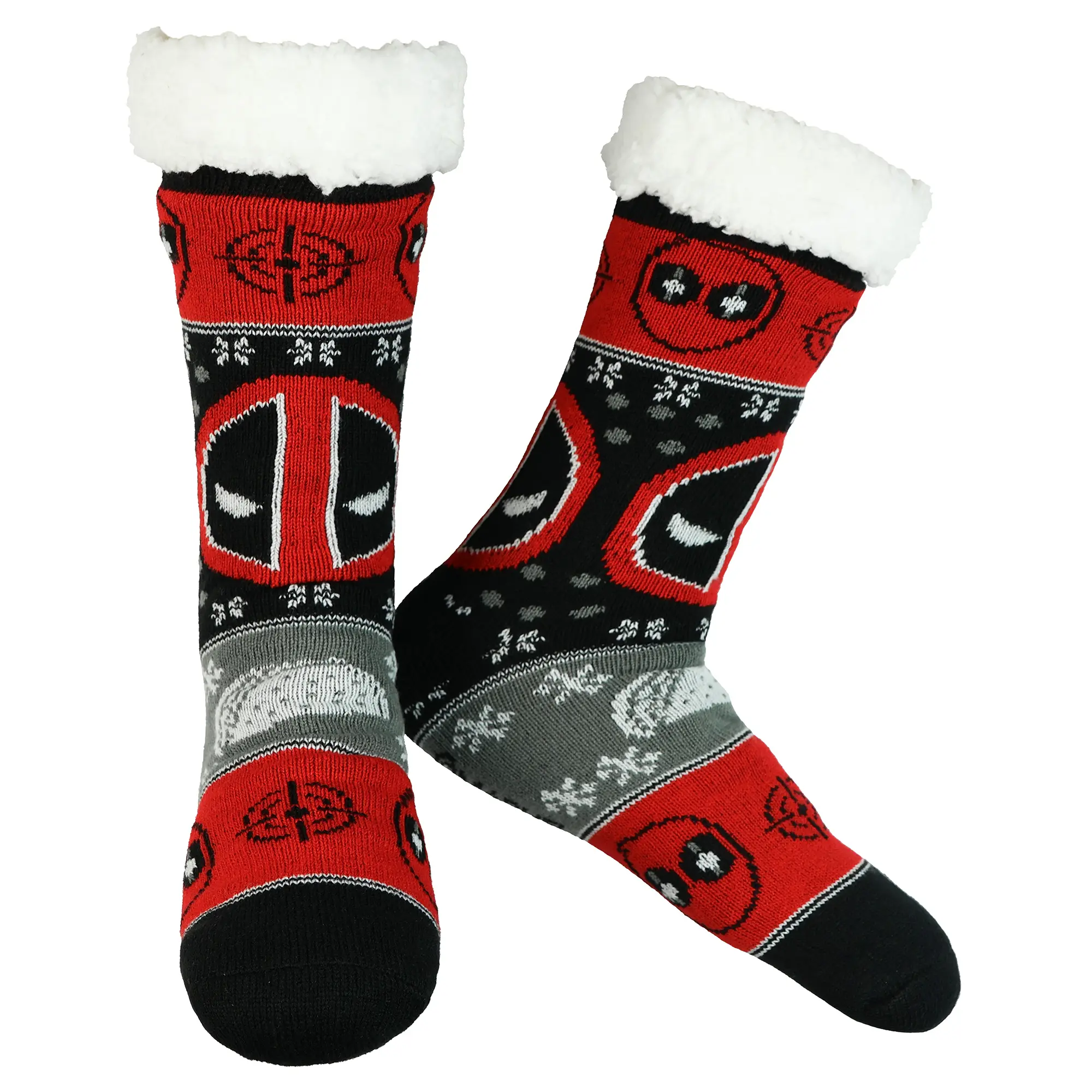 Marvel Comics Deadpool Men's Ugly Sweater for Christmas pattern Knit Deadpool Tacos Faux Shearling Lined Thick Fuzzy Slipper Socks
