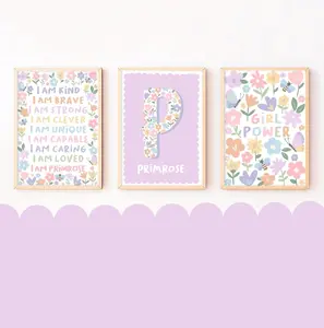 Flower Garden Print Set - Colourful Pastel Nursery Prints, Girls Floral Bedroom Decor, Kids Playroom Wall Art, Personalised Name