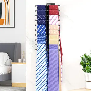 Wall Mounted Tie Rack, Metal Tie Organizer Hanger for Men Closet, Adhesive Tie Holder with 20 Hooks, Tie Storage for Wall Bedroom Living Room Dresser (Black)