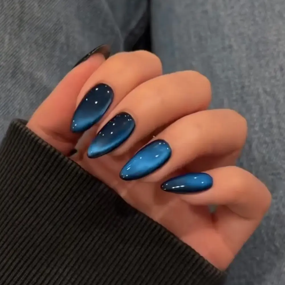 Upgrade Your Look Instantly, 24pcs Y2K Almond Long Press-On Nails, Blue Cat Eye Acrylic False Nail Set, Includes Jelly Glue & File, Nail Art Design