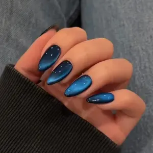 Upgrade Your Look Instantly, 24pcs Y2K Almond Long Press-On Nails, Blue Cat Eye Acrylic False Nail Set, Includes Jelly Glue & File, Nail Art Design