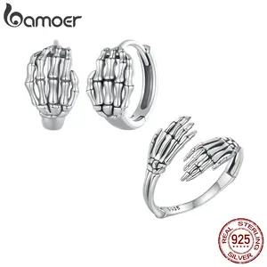 Skull Hand Hug Ring Earrrings, 925 Sterling Silver Vintage Hug Jewellry for Women Retro Fine Jewelry Birthday Gift