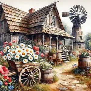 Countryside Cottage Diamond Art - Windmill & Daisy Wagon Design, Full Round Drill Rhinestone Painting, Relaxing DIY Craft for Adults
