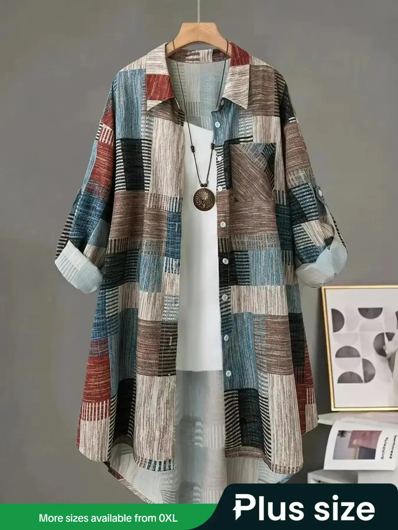 Plus Size Women's Plaid Print Long Sleeve Buttoned Collared Shirt, Blouse, Tops, Casual Fashion Wear, Casual Fitted Woven Fabric, Geometric Pattern, All Seasons Wear