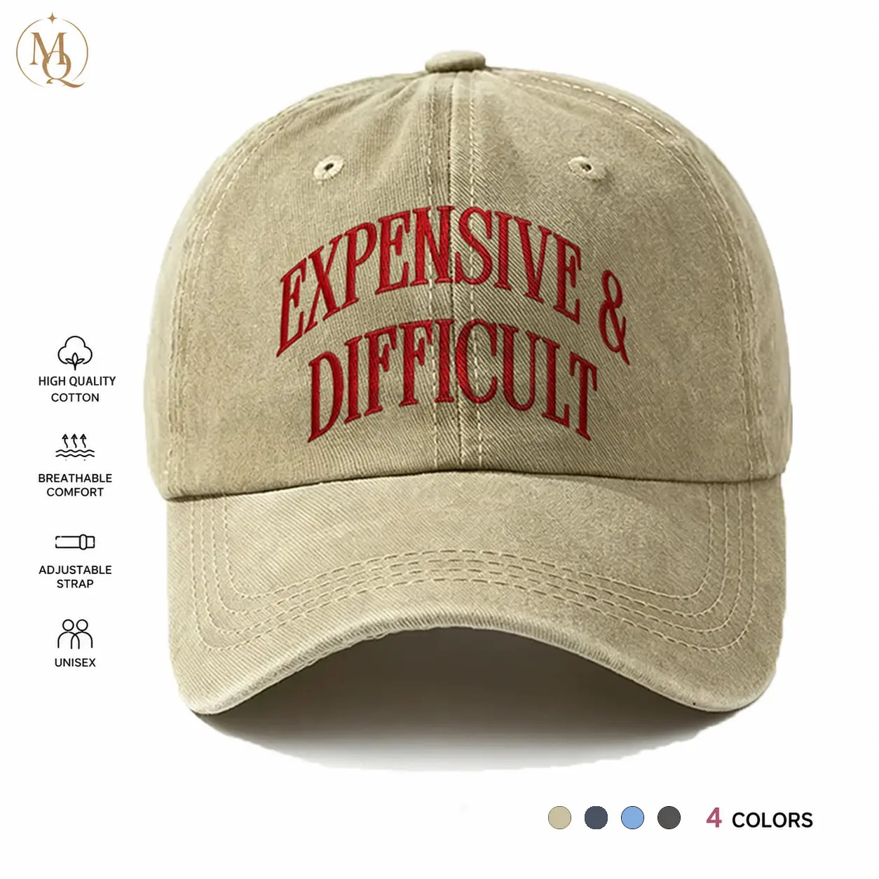 Vintage Washed Cotton Baseball Cap with Expensive & Difficult Print, Funky Dad Hat for Women & Men, Adjustable Buckle, Birthday Christmas Gift, 22"-23" Head Circumference, Casual, Breathable Cloth, Everyday, Graduation, Graphic, Unisex, M
