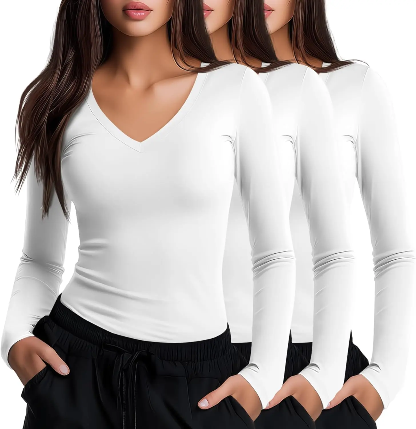 Women's Neer 3-Pack Long Sleeve V-Neck Slim-Fitted Scrub Undershirts - Soft Spandex Fabric Casual Workwear for Nurses, Fall Layering Tees Tops