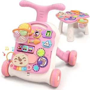 3 in 1 Baby Walker Activity Center for 12+ Months Girls Learning to Walk Sit to Stand Early Educational Push Toys with Music Panel Pink