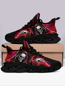 Men's Gothic Skull Print Lace Up Low Top Design Sneakers, Casual Comfortable Breathable Sports Running Shoes, Fashionable Sneakers for Daily Wear, Closed