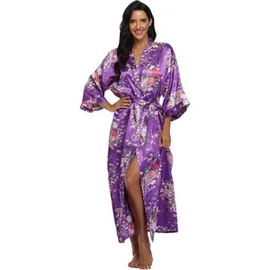 Women's Long Satin Robe Floral Kimono Dressing Gown Lightweight Sleepwear Bridal Party Bridesmaids Robes