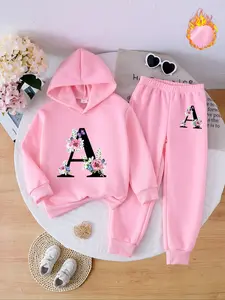 Girls' Fall Winter Hoodie Sweatshirt Set, Letter a Floral Print, Elastic Waist Jogger Pants, Casual Daily Wear, School