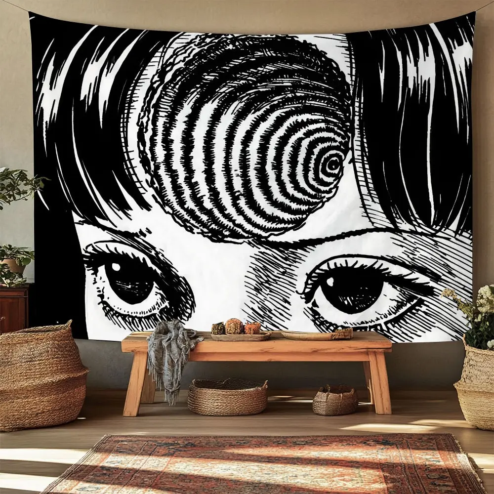 1pc  Black and white spiral eye design wall art tapestry for modern home decor living room bedroom apartment aesthetic decorative large hanging backdrop poster mural creative elegant unique stylish indoor accent conversation piece gift vibe bold contempor