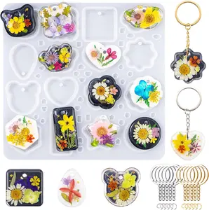 Keychain Resin Molds Silicone with Hole, 16 Cavities UV Resin Jewelry Pendant Mold for Beginner, Epoxy Resin Molds for Keychain Pendant Jewelry Making