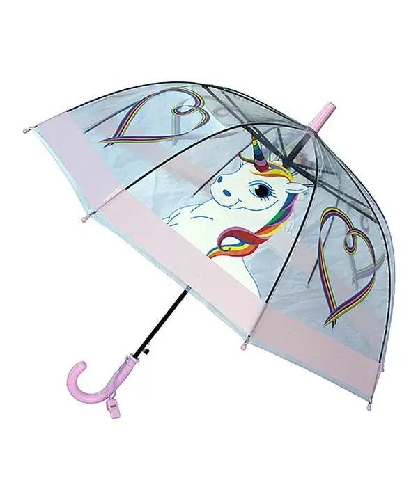 212 MAIN Kids' Whistle-Equipped 29" Diameter Automatic Synthetic Rain Umbrella (FOX-622-78) - Foxfire Rainbow Unicorn Print, Clear, Push Button Quick Open Retractable, Lightweight, Wipe Clean, Ideal Children's Gift