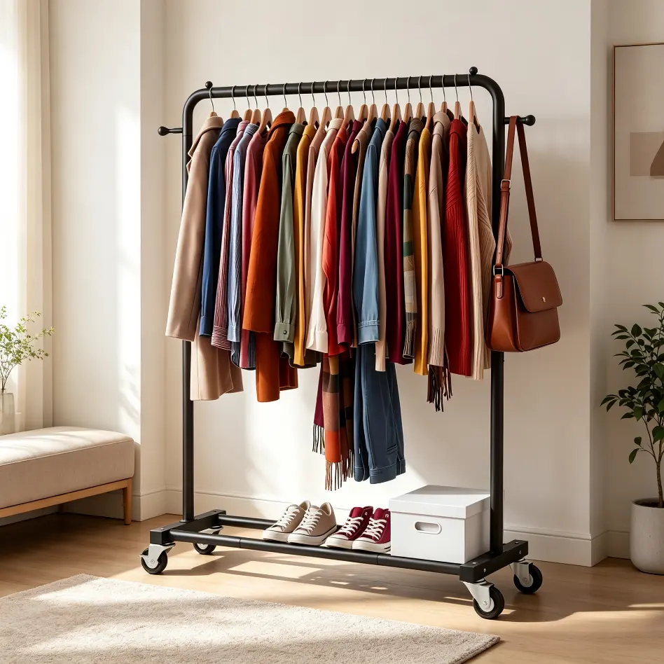 UDEAR Rolling Clothes Hanger with 360° Rotating Wheels and Brake Locks, Multi-functional Hangers for the Bedroom Clothes Organizer, Laundry Racks, Bottom can Store Shoes