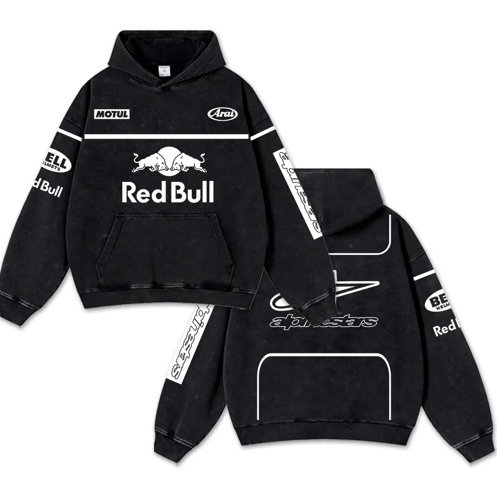 Retro White Red Racing Washed Hoodie Motor World Champion Enthusiast Apparel Streetwear Racing Team Super Motorsports Clothing Motobike Riders Supermotor Off-Road Dirt Bike Fan Gear Cotton For Motor Fan Relaxed Fit Breathable