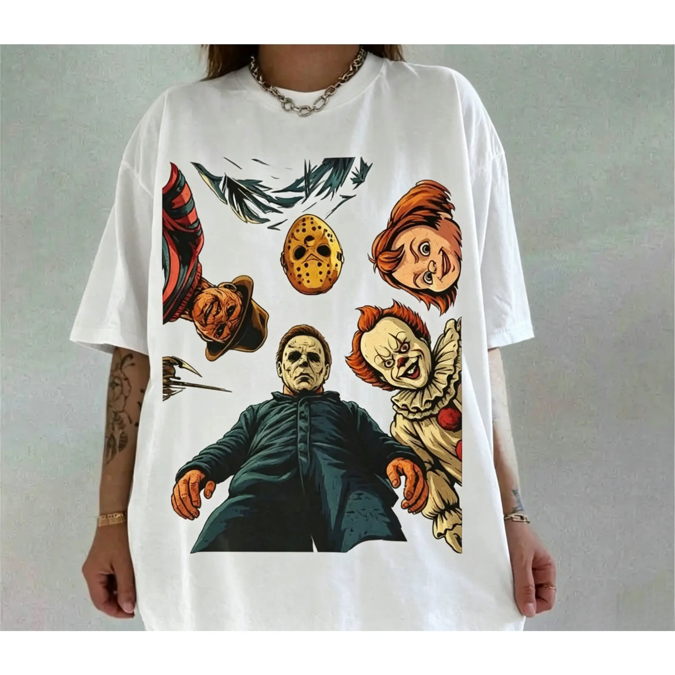 Everyday Casual Printed T-Shirt - Retro Halloween Characters, Vintage Horror Movie Graphic, Spooky Season Sport Top with Comfortable Fabric, Short, Sleeves, Round Neck, Streetwear