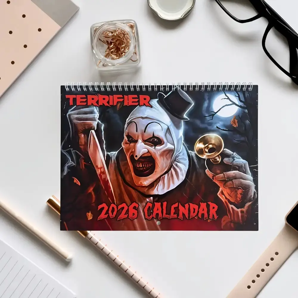 2026 Horror Clown Festive Calendar, Halloween & Christmas Wall Decor, Unique Bloodstain Design, Durable Printing Home Hanging Calender, Spooky Holiday Gift Idea, Seasonal Themes
