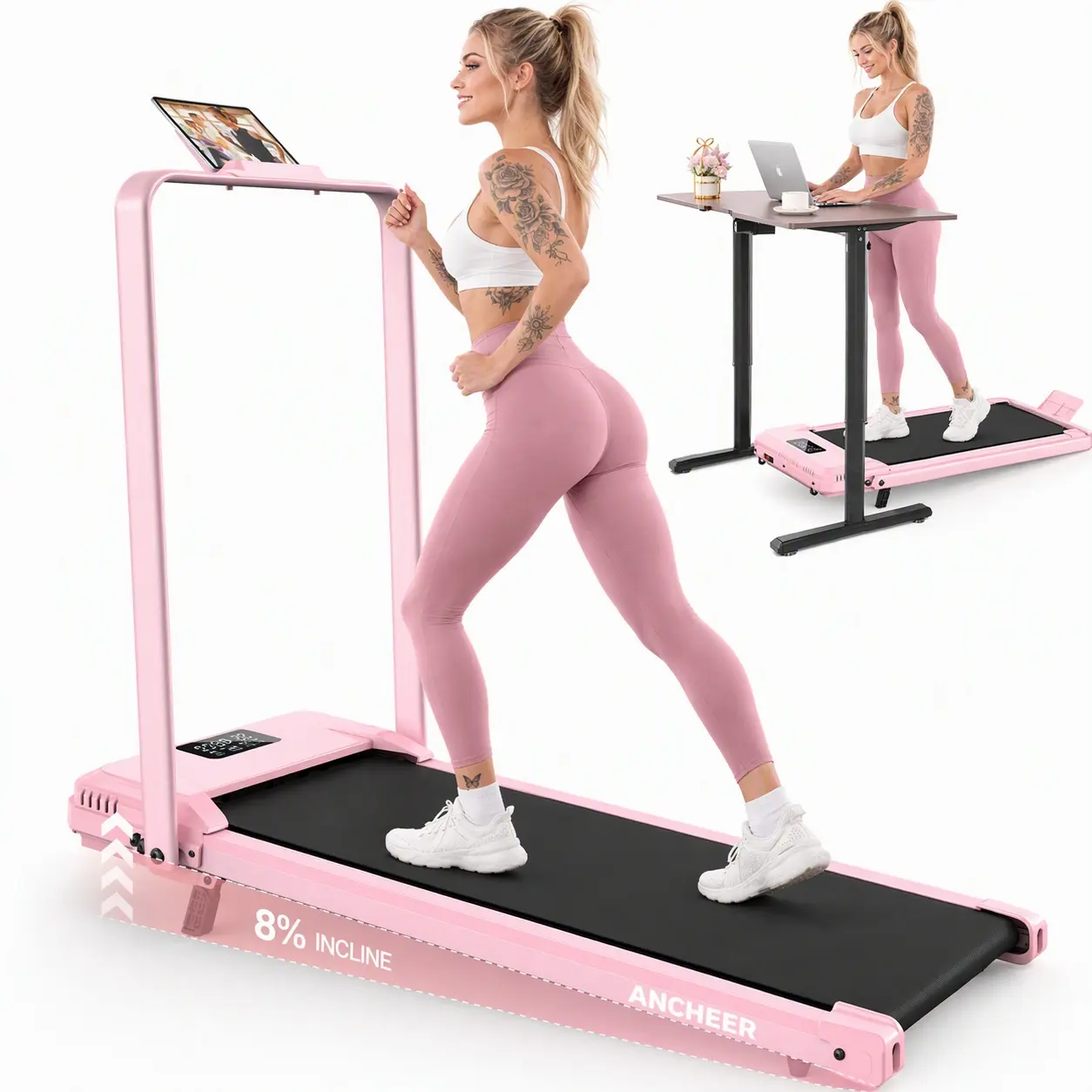 Ancheer Foldable Under Desk 3.5HP Treadmill - 4in1 Workout Modes, Collapseable Portable Walking Pad with Shock Absorption & Light-Up Feature, 320lbs Capacity Home Gym Equipment, Adjustable Height Stepper for Home & Office Use