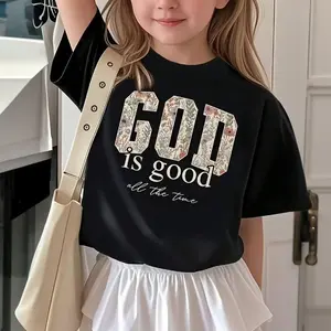 Girls' Christian faith-based T-shirts - "God is Good All the time" Bible tops - soft elastic knitted T-shirts, daily and church - black and white letters - lightweight summer shirts, young believers - girls' clothing, religial-inspired clothing