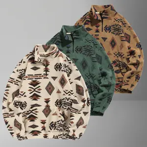 Men's Ethnic Style Fleece Quarter-Zip Hoodie with Geometric Totem - Vintage Eye-Catching Sherpa Fabric, Warm and Comfortable, High Collar Casual Fit, Suitable for Autumn and Winter Retro Trends, Men's Jacket, Ethnic Style Quarter-Zip Men's hoodie ethnic p