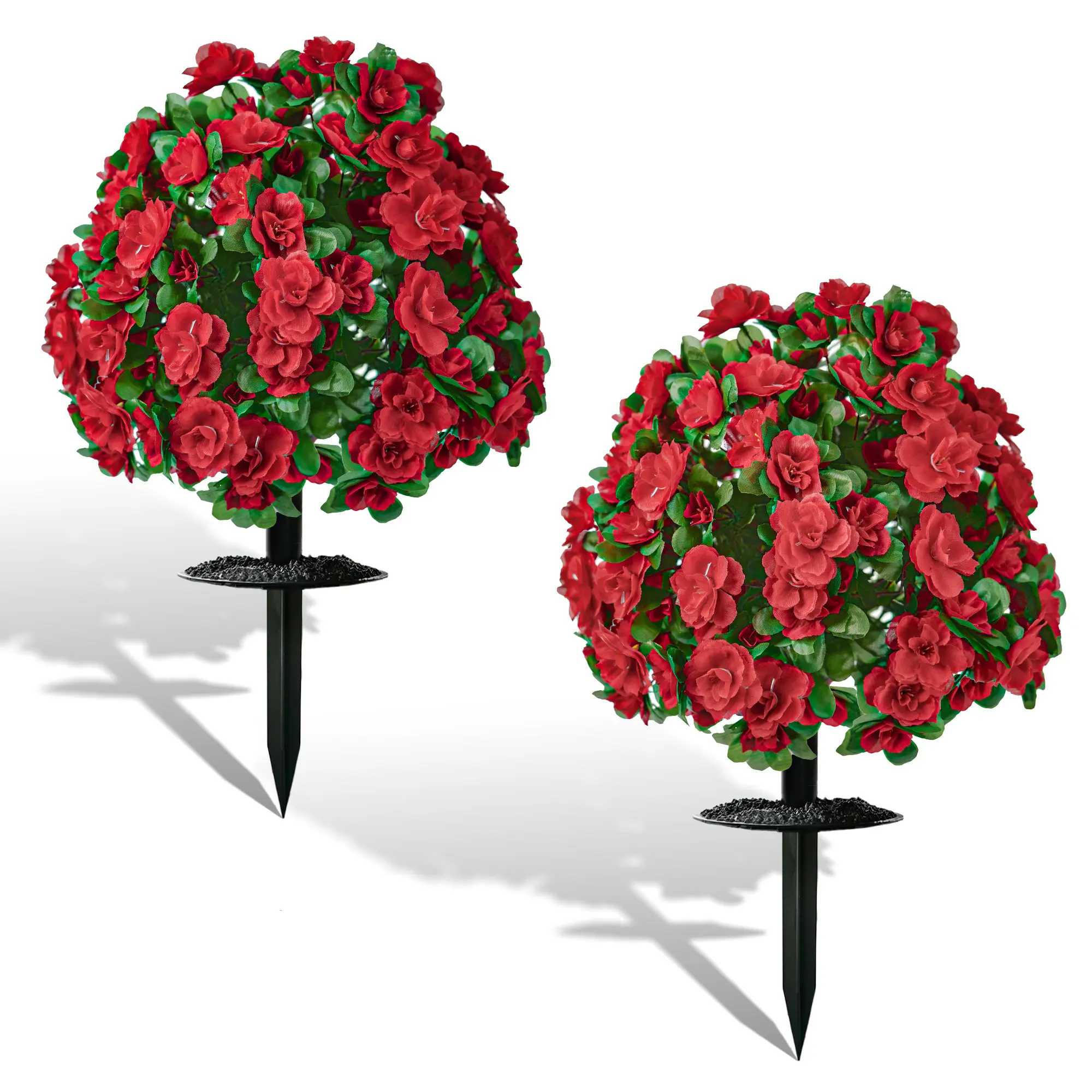 Premium Silk 2-Pack Red Decorative Artificial Mums with Faux Leaves, Outdoor Topiary Balls, Ground Spikes for Home Gardens, Porch Patio Floral Decor & Daily Use (Plants Included)