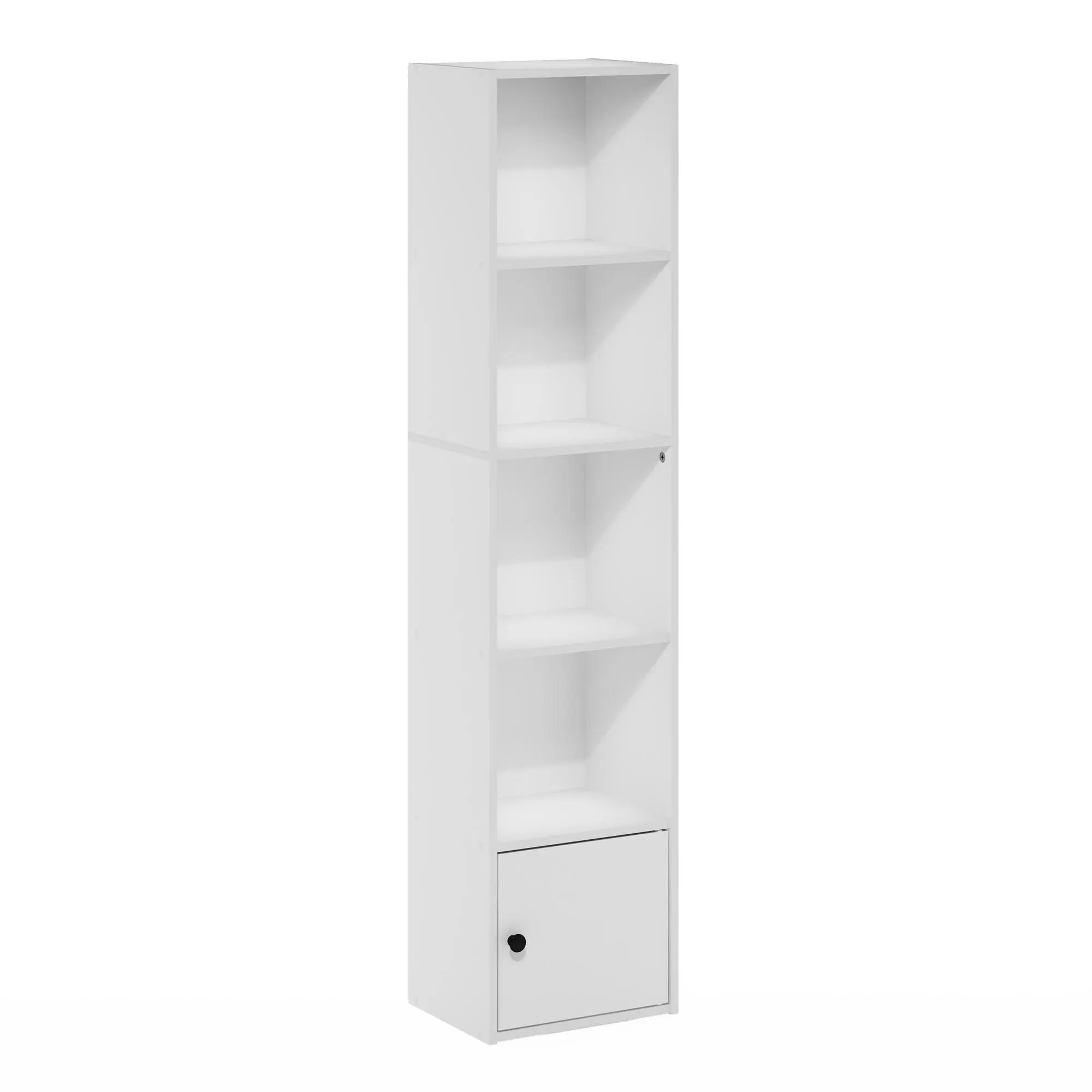 LUDER Modern 5-Tier Wood Bookshelf - Open Multi-Layer Book Rack with 1-Door Cabinet, 9.3x12x52 in Shelves, Indoor Furniture for Bedroom & Living Room, White