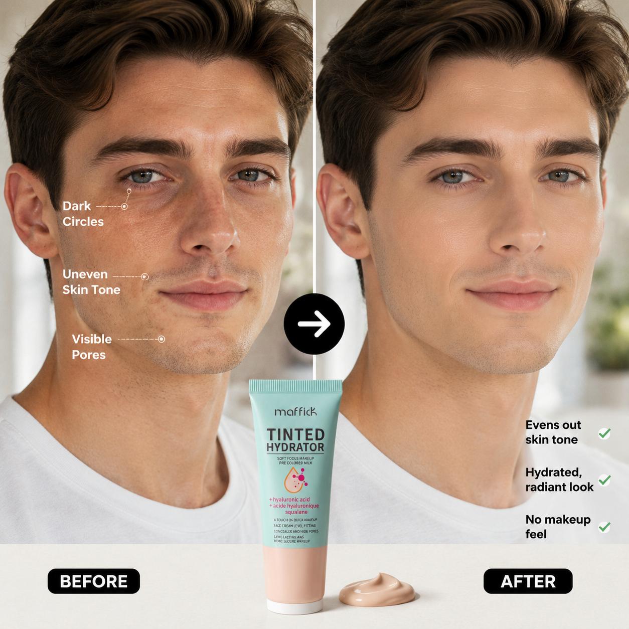 MAFFICK Men's Makeup Cosmetic Primer & Natural Concealer Color Corrector Face Cream - Lightweight, Oil-Control, Water-Based, Non-Sticky, No White Cast for Daily Use
