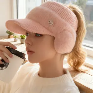 Autumn Winter Warm Visor Hat for Women - Ear Flap Ponytail Cap Thickened for Outdoor Shopping Running