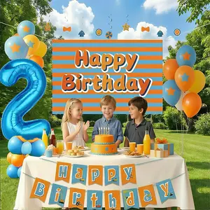 Blue and Orange Theme 2nd Birthday Party Decorations for Boys Girls，Construction Theme with Number 2 Balloon, Backdrop, Banner, Balloons, Cake Topper, Hanging Swirl Party Supplies