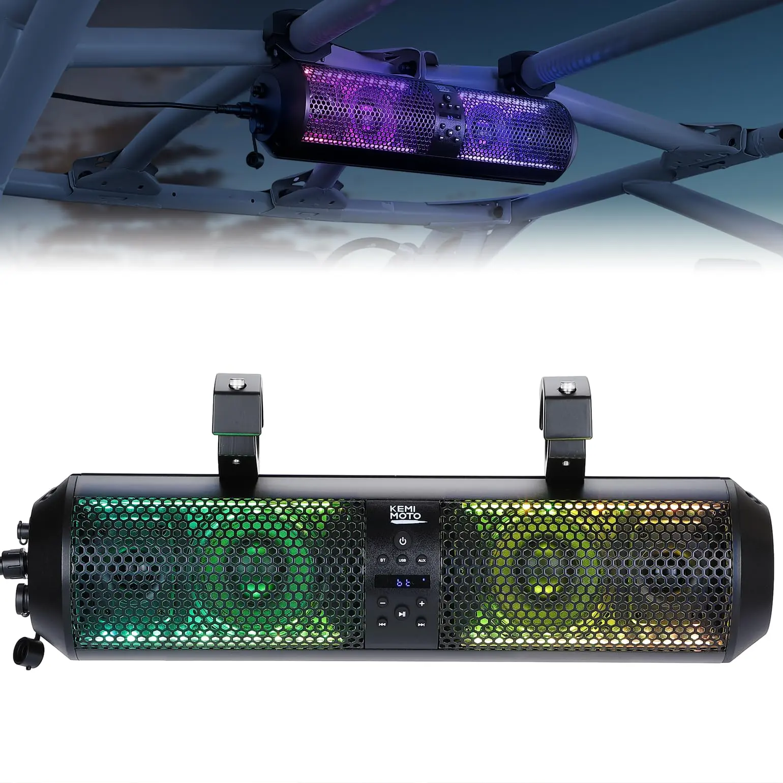 KEMIMOTO 18-Inch Compact RGB Bluetooth UTV Audio Soundbar with Remote, Aluminium Construction, for 1.56-2.25-Inch Roll Cages