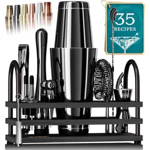 (R) Mixology Bartender Kit Bar Set | 14-  Shaker Set | Martini Barware Mixing Tools for Home Bartending | 35 Recipe Cards |  Set (28oz Boston Shaker, Jet Black/Black)