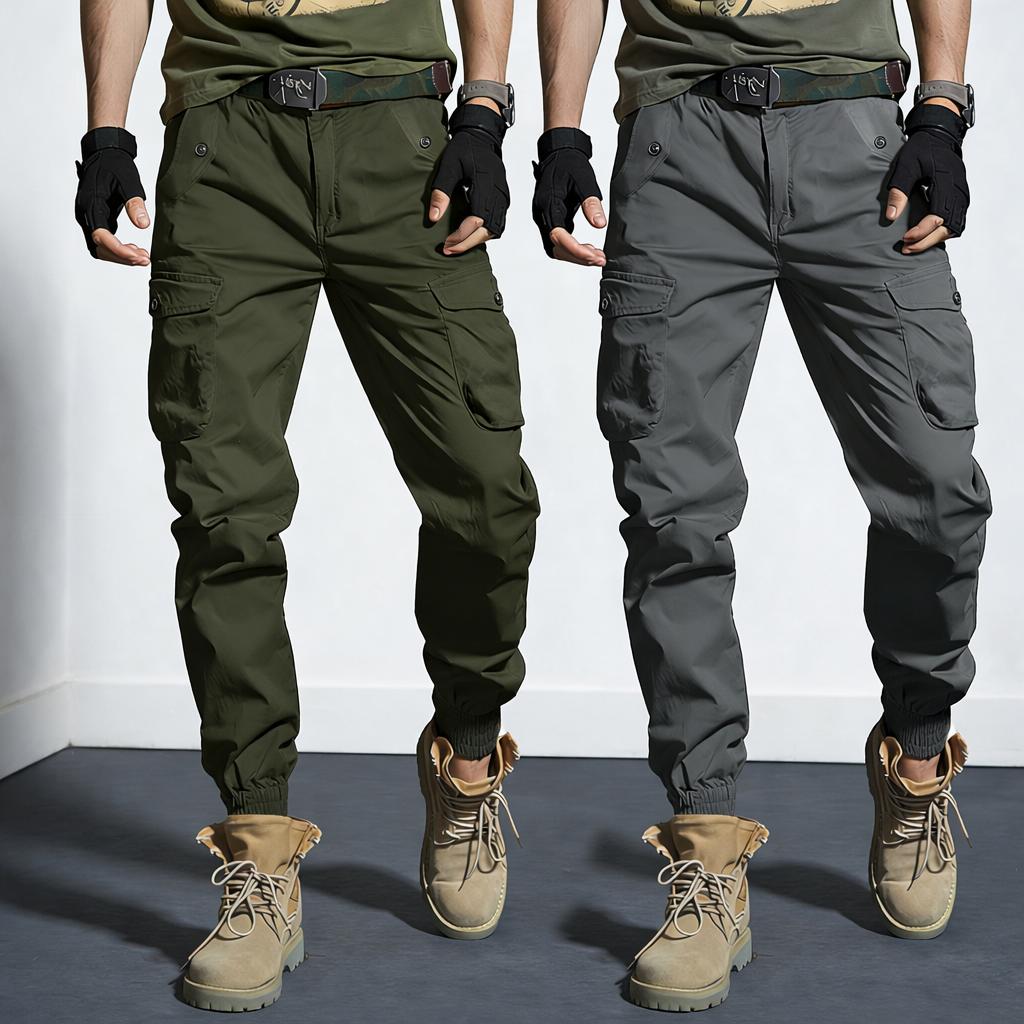 Two-pack: woven plain fabric and solid-color men’s cargo pants featuring an elastic waistband with drawstring, a loose straight tapered fit, multiple pockets including large pockets—ideal for everyday casual wear and work, perfect for cargo outfits and ou