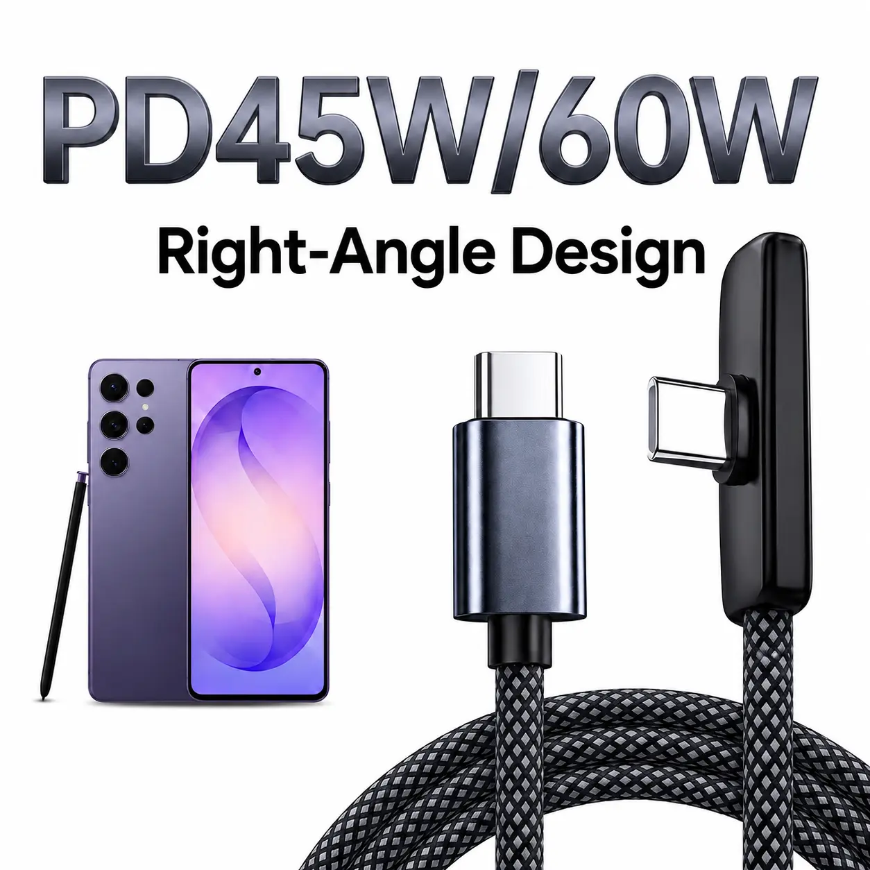 45W/60W Right Angle USB-C Cable PPS Super Fast Charging 3.0 2.0 Type C to C Cord for Samsung Galaxy S26 S25 S24 S23 S22 S21 Ultra Plus Note 20, Google Pixel 10 9 8 7 Pro XL, 90 Degree Braided Gaming Charger Cable