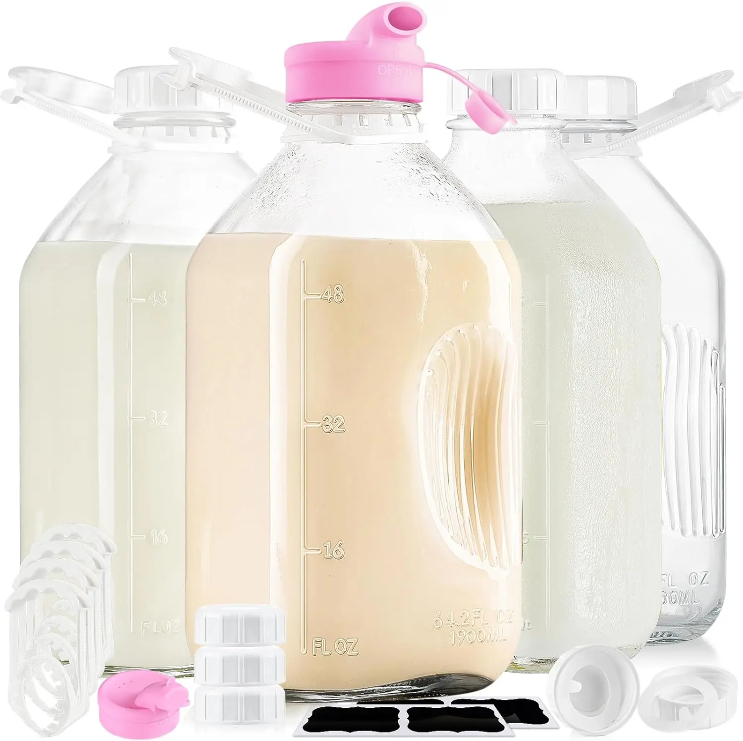 4 Pack 1/2 Gal Glass Milk Bottle with Airtight Lid & 2 Pour Spouts - 64 Oz Heavy Duty Glass Milk Jug, Water Pitchers with 8 Handles and 2 Exact Scale Lines for Juice Breast/Almond/Nut/Oat Milk Sun Tea