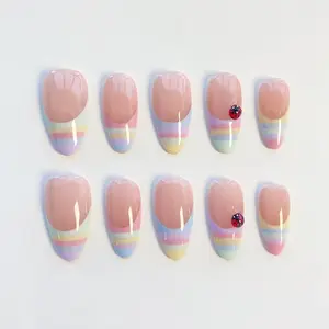 AB7 allenbabynailss – Cute Press-On Nails, Pastel Rainbow French Tips, Tiny Ladybug Accent, Glossy Sheer Nude Base, Soft Minimal Statement Nails for Everyday Aesthetic