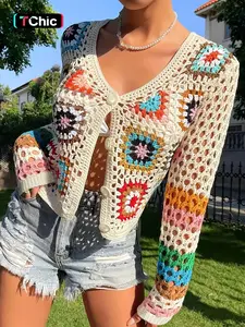 Women's Colorblock & Geometric Print Crochet Hollow Out Button Front Cardigan, Casual Long Sleeve V Neck Knitwear for Spring & Fall, Women's Knit Clothing for Daily Wear