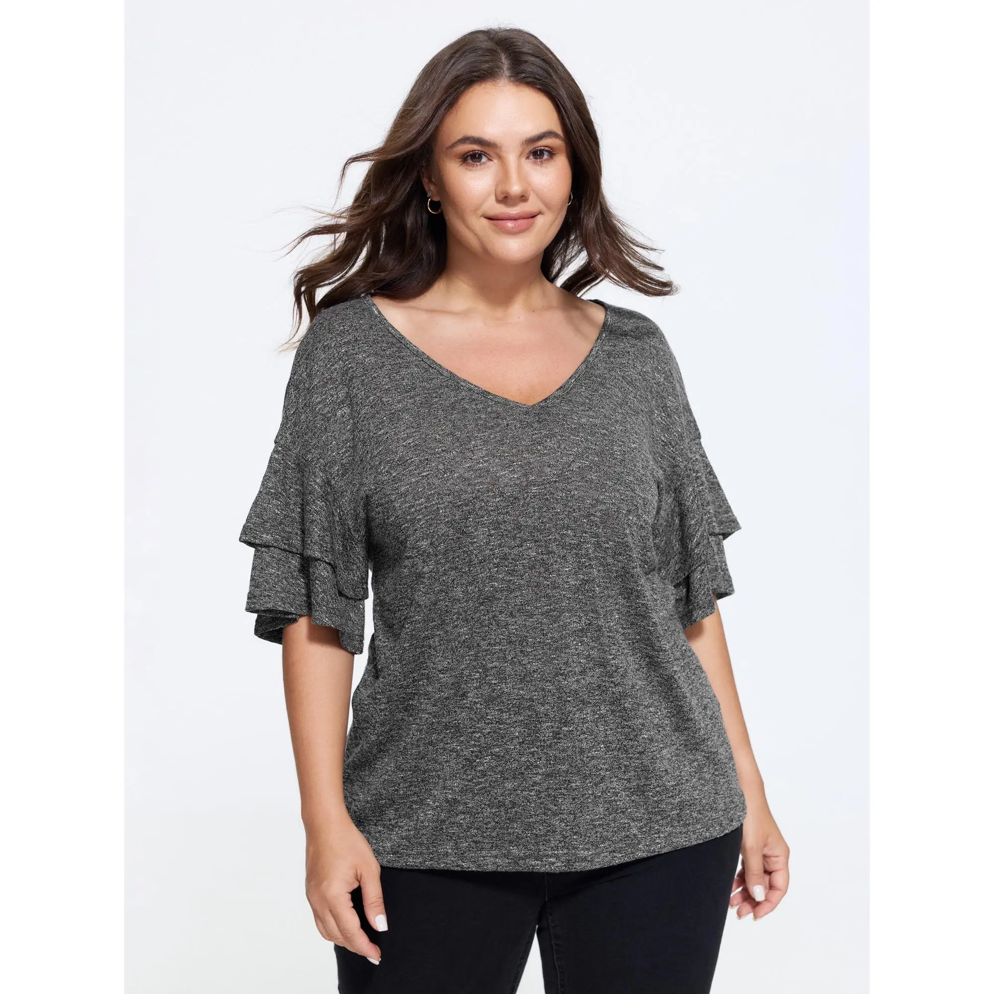 BLOOMCHIC Women's Plus Size Supersoft Stretchy Rayon Flat Double Ruffle Sleeve Casual Top, Shirts, Blouses, Garment [M-6X] 2026 Summer, Fabric, Fit