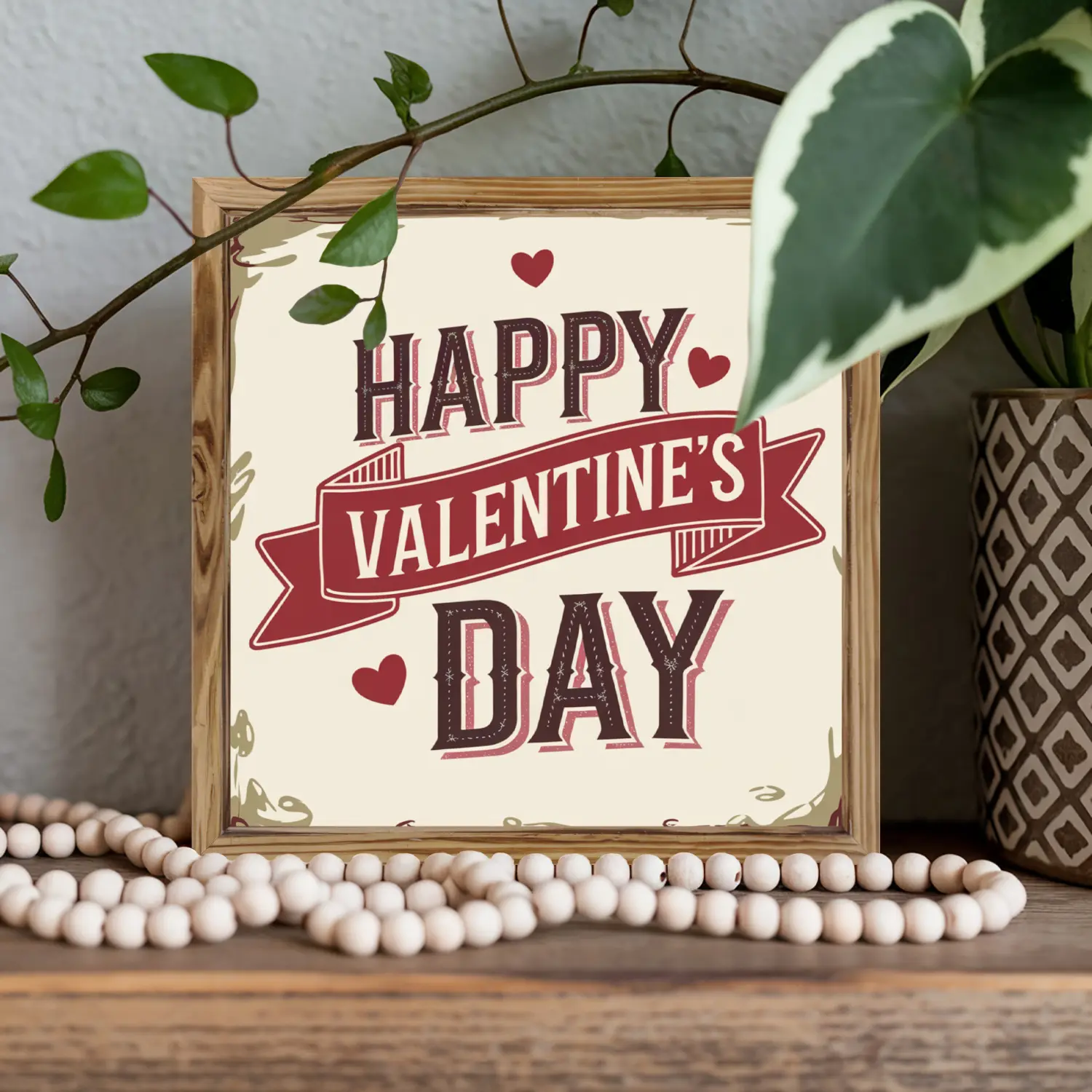 Vintage Valentine's Day Wooden Frame - 1pc 2D 8x8in Recycled Holiday Decor Wall Plaque, Red Hearts, Happy Valentine's Day Lettering, Glam Effects Room Accent