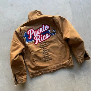 Puerto Rico Inspired Custom Jacket - Brown Jacket with Red and Blue Text, Casual Style, Suitable for Menswear - Coats