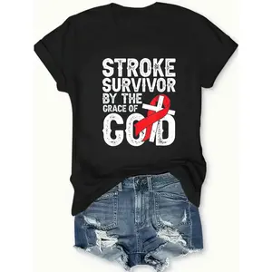 Women's Unisex Cotton Crew Neck Short Sleeve T-Shirt, Black Faith-Inspired Stroke Survivor Personalized Gift, Summer Comfortable Breathable Top Suitable For All Outfits, Made In USA