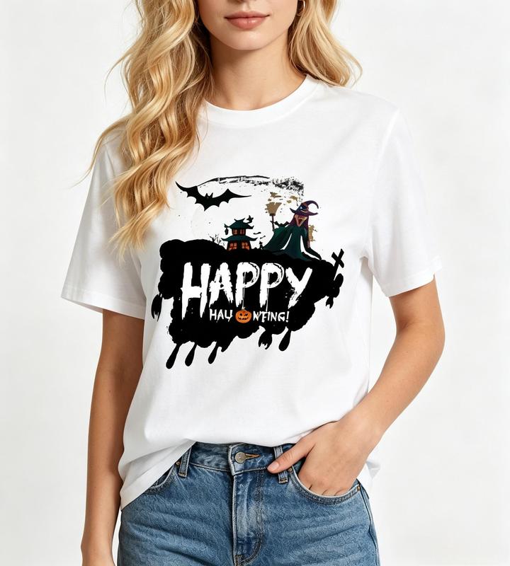 Women's Happy Haunting Witch Bat T-Shirt White Spooky Season Halloween Graphic Casual Short Sleeve Tee #sohochic