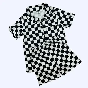 Summer Women's Black & White Checkerboard Pajama Set - Ultra Soft Short Sleeve & Shorts for Adults | Breathable, Lightweight Sleepwear | Cozy Loungewear for Hot Nights | Comfy PJs That Feel Like Clouds Womenswear Style Cotton Fabric Homewear Spandex, Shor