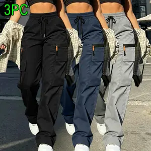 Women’s Summer Breathable Cargo Pants 3-Piece Set — Lightweight, Quick-Dry Casual Outdoor Long Pants with Drawstring and Multiple Pockets, Adjustable Waistband (Plus Sizes Available)