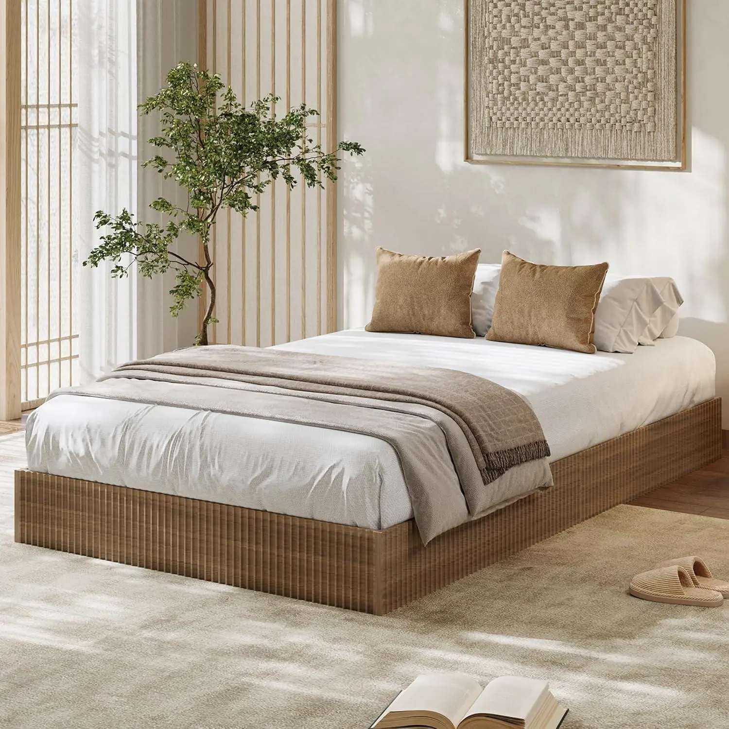 Garvee Twin Bed Frame, Wood Platform Bed with Fluted Design, Low Profile BedFrame, Minimalist Bed Base with Noise-Free, Easy Assembly, No Box Spring Needed, Walnut