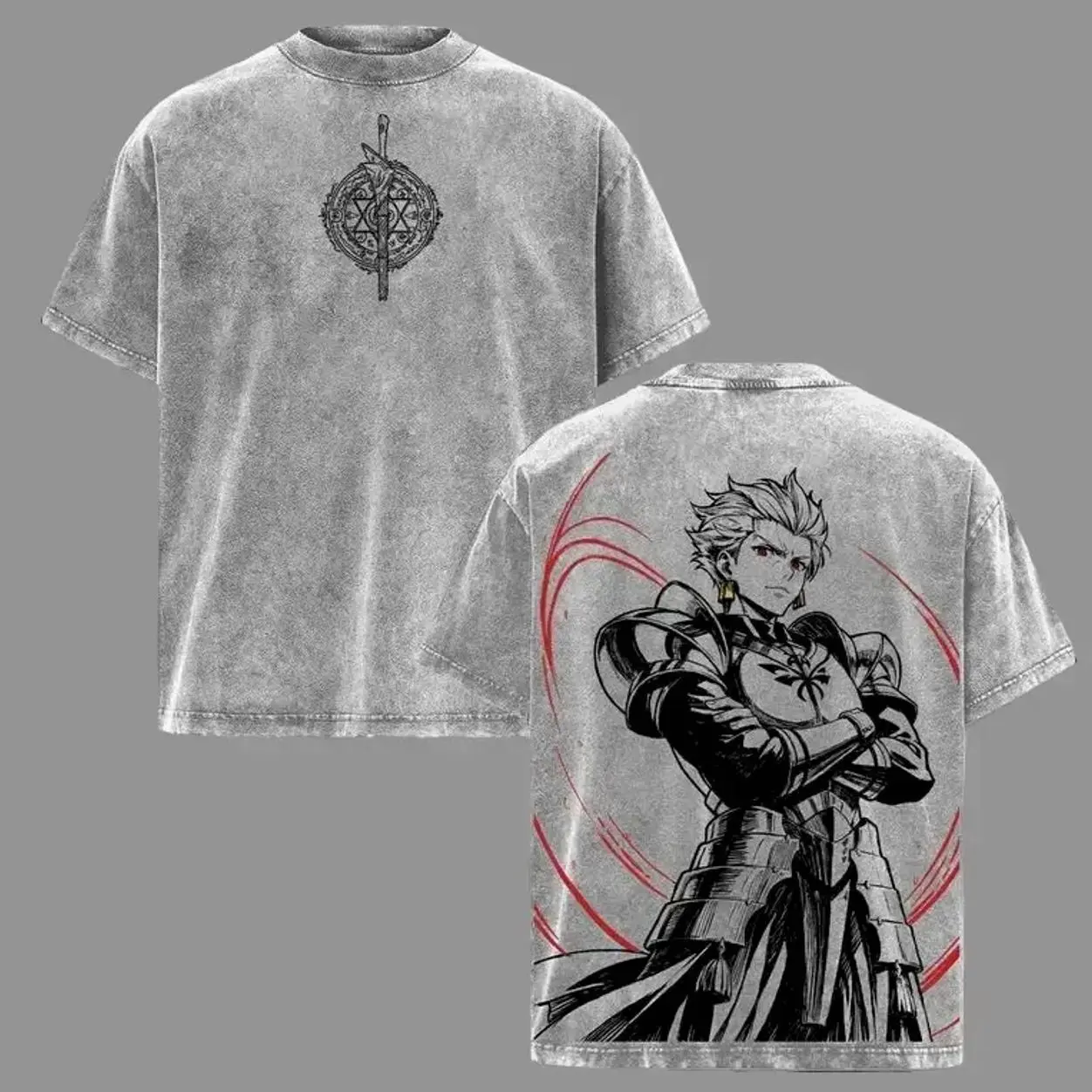 Men's Short-Sleeve Gilgamesh Fate Series Anime T-Shirt, Archer King Of Heroes Back Graphic, Red Eye Armor Artwork, Vintage Washed Oversized Heavyweight Cotton Unisex Japanese Streetwear Manga Tee SMS