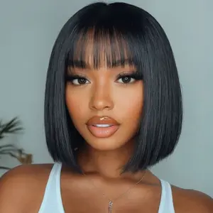 UNice Glueless Silk Straight Short Bob Wig with Bangs Full Machine Made Human Hair Wigs for Natural Looking