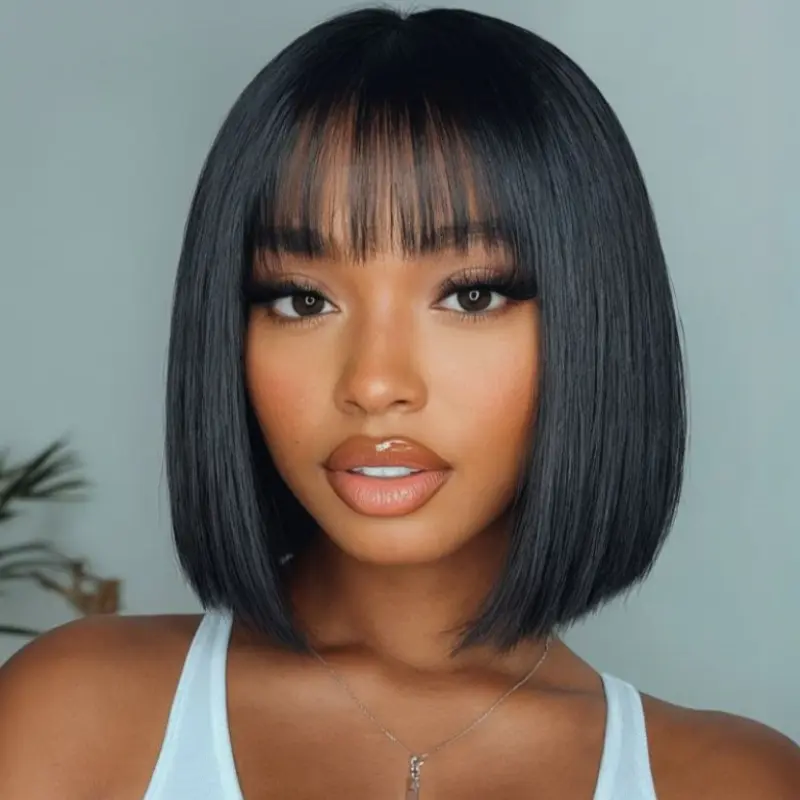 UNice Glueless Silk Straight Short Bob Wig with Bangs Full Machine Made Human Hair Wigs for Natural Looking